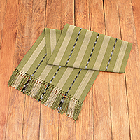 Cotton table runner, 'Olive Ways to Delight' - Handloomed Striped Olive Cotton Fringed Table Runner