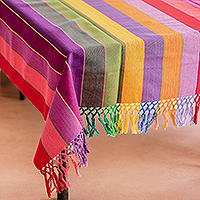 Cotton tablecloth, 'Vibrant Rainbow' - Handwoven Fringed Cotton Tablecloth with colourful Stripes