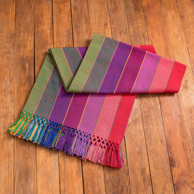 Cotton tablecloth, 'Vibrant Rainbow' - Handwoven Fringed Cotton Tablecloth with Colorful Stripes