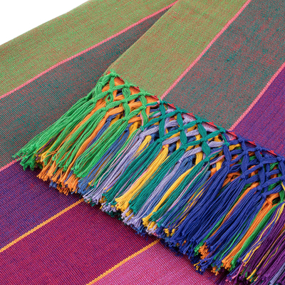 Cotton tablecloth, 'Vibrant Rainbow' - Handwoven Fringed Cotton Tablecloth with Colorful Stripes