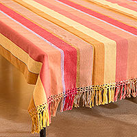 Cotton tablecloth, 'Dawn in the Countryside' - Handwoven Striped Fringed colourful Cotton Tablecloth