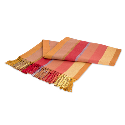 Cotton tablecloth, 'Dawn in the Countryside' - Handwoven Striped Fringed Colorful Cotton Tablecloth