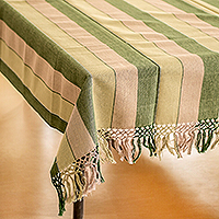 Cotton tablecloth, 'Forest Life' - Handwoven Striped Fringed Brown and Green Cotton Tablecloth