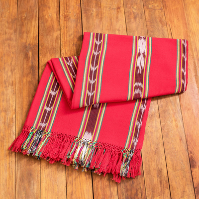 Cotton tablecloth, 'Family Joy' - Handwoven Striped Fringed Cotton Tablecloth in Red