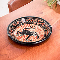 Cuenco decorativo de cerámica, 'Joy on Branches' - Cuenco decorativo de cerámica negro y marrón con temática de mono