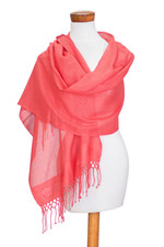 Rayon shawl, 'Pink Blooming' - Handloomed Floral Pink Rayon Shawl with Fringes