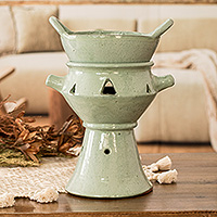 Ceramic fondue pot, 'Explosion of Flavor' - Handcrafted Large Green Ceramic Fondue Pot from Honduras