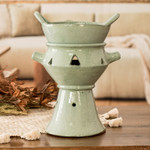 Ceramic fondue pot, 'Explosion of Flavor' - Handcrafted Large Green Ceramic Fondue Pot from Honduras