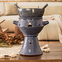 Ceramic fondue pot, 'Explosion of Flavor in Blue' - Handcrafted Ceramic Fondue Pot in Blue Shade from Honduras