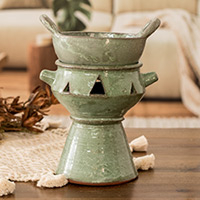Ceramic fondue pot, 'Explosion of Flavor in Green' - Handcrafted Ceramic Fondue Pot in Green Shade from Honduras