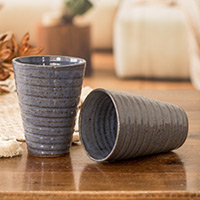 Ceramic cups, 'Bluish Depth' (pair) - Pair of Shabby Chic Ceramic Cups in Blue and Brown