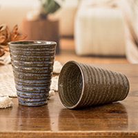 Ceramic cups, 'Sweetness and Flavor' (pair) - Two Brown and Blue Ceramic Cups with Antique Finish