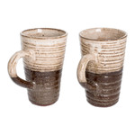Ceramic mugs, 'Authentic Flavor' (pair) - Traditionally Crafted Ceramic Mugs in Ivory and Brown (Pair)