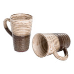 Ceramic mugs, 'Authentic Flavor' (pair) - Traditionally Crafted Ceramic Mugs in Ivory and Brown (Pair)