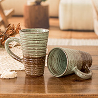 Ceramic mugs, 'Harmonious Flavor' (pair) - Handcrafted Ceramic Mugs in Jade Green and Brown (Pair)