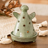 Ceramic incense holder, 'Angel in Nature' - Angel-Shaped Honduran Ceramic Incense Holder in Green