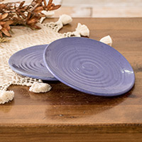 Ceramic dessert plates, 'Dessert with Family' (pair) - Handmade Pair Spiral Patterned Blue Ceramic Dessert Plates