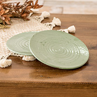 Ceramic dessert plates, 'Dapper Mint' (pair) - Pair of Handmade Spiral-Themed Green Ceramic Dessert Plates