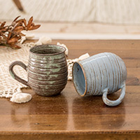 Ceramic mugs, 'Cozy Aroma' (set of 2) - Set of 2 Handmade Striped Sky Blue and Green Ceramic Mugs