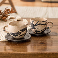 Ceramic coffee cups, 'Cappuccino' (pair) - Two Modern Hand-Painted Ceramic Coffee Cups from Honduras