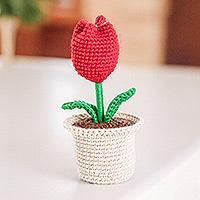 Crocheted cotton decorative accent, 'Tulip Love in Yellow' - Crocheted Cotton Yellow Tulip in Planter Decorative Accent
