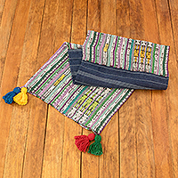 Camino de mesa de algodón - Camino de mesa de algodón a rayas tejido a mano con borlas de colores