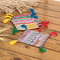 Cotton coasters, 'Trendy Traditions' (set of 4) - Set of Four Handwoven Cotton Coasters with Colorful Tassels