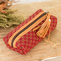 Leather-accented cotton pencil case, 'Cherry Ditsy' - Handwoven Floral-Patterned Red Cotton Pencil Case