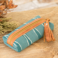 Leather-accented cotton pencil case, 'Lagoon Experience' - Leather-Accented Patterned Turquoise Cotton Pencil Case
