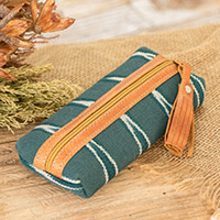 Leather-accented cotton pencil case, 'River Experience' - Leather-Accented Patterned Dark Teal Cotton Pencil Case