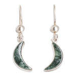 Jade dangle earrings, 'Chic Crescent' - Silver Dark Green Jade Crescent Moon Dangle Earrings