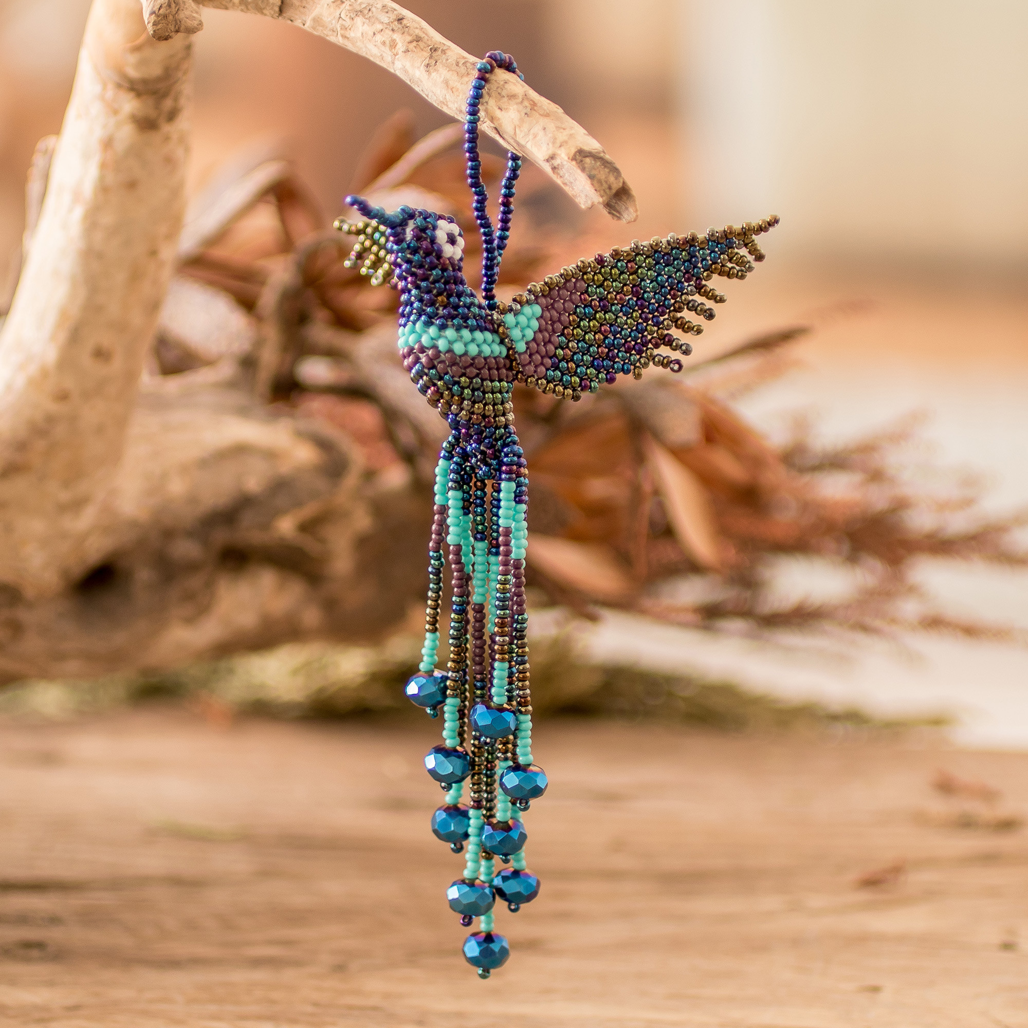 Handcrafted Glass Beaded Blue Hummingbird Home Accent
