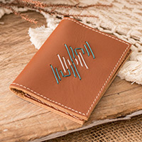 Leather card holder, 'Bifold Free Spirit' - Handcrafted Bifold Leather Card Holder in Brown Teal and Gre