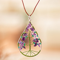 Amethyst pendant necklace, 'Drop of Life in Purple' - Drop-Shaped Green Natural Amethyst Tree Pendant Necklace