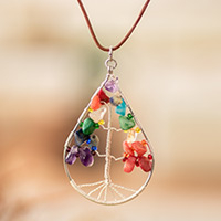 Multi-gemstone pendant necklace, 'Drop of Life in Rainbow' - Drop-Shaped colourful Multi-Gemstone Tree Pendant Necklace