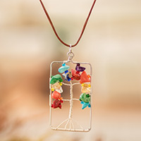 Multi-gemstone pendant necklace, 'Sylvan Rainbow' - Rectangular colourful Multi-Gemstone Tree Pendant Necklace