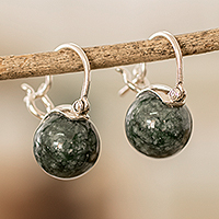 Jade hoop earrings, 'Vigorous Soul' - Sterling Silver Hoop Earrings with Dark Green Jade Gems