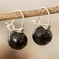 Jade hoop earrings, 'Enigmatic Soul' - Polished Sterling Silver Hoop Earrings with Dark Jade Gems