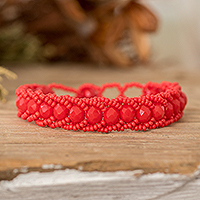 Beaded wristband bracelet, 'Poppy Opulence' - Handmade Poppy Red Glass Beaded Wristband Bracelet