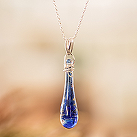 Glass pendant necklace, 'Bubbling Lagoon' - Glass Pendant Necklace in Dark Blue from Costa Rica