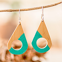 Wood dangle earrings, 'Electrifying Aqua' - Handcrafted Modern Aqua Palo Blanco Wood Dangle Earrings