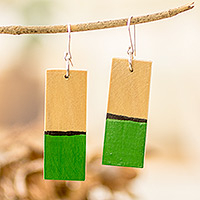 Wood dangle earrings, 'Vibrant Window' - Painted Green Rectangular Palo Blanco Wood Dangle Earrings