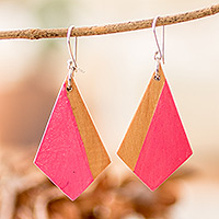 Wood dangle earrings, 'Modern Pink' - Painted Kite-Shaped Pink Palo Blanco Wood Dangle Earrings