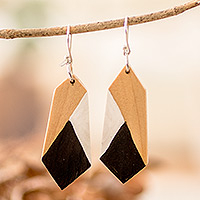 Wood dangle earrings, 'Classic Hexagon' - Geometric Black and White Palo Blanco Wood Dangle Earrings