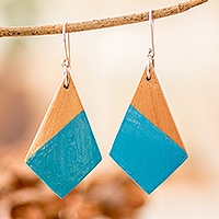 Wood dangle earrings, 'Modern Bright Blue' - Painted Kite-Shaped Blue Palo Blanco Wood Dangle Earrings