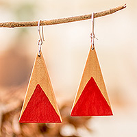 Wood dangle earrings, 'Passionate Pyramids' - Modern Triangular Red Palo Blanco Wood Dangle Earrings