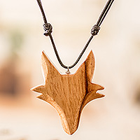 Wood pendant necklace, 'Nocturnal Fox' - Hand-Carved Adjustable Cedarwood Fox Pendant Necklace