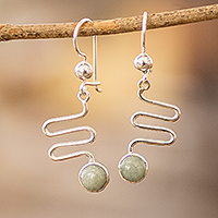 Jade dangle earrings, 'New Love in Apple Green' - Modern Wavy-Themed Apple Green Jade Silver Dangle Earrings