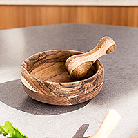 Wood mortar and pestle set, 'Culinary Force' - Hand-Carved Teak Wood Mortar and Pestle Set from Guatemala