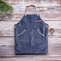 Leather-accented canvas apron, 'Culinarily Dapper' - Adjustable Leather-Accented Blue Canvas Apron